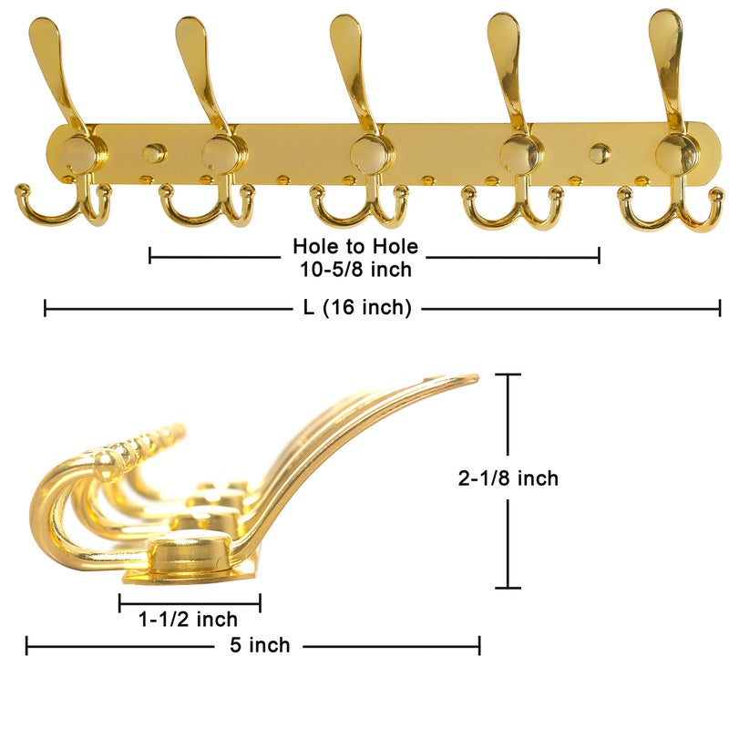 Dseap Coat Rack Wall Mounted - 5 Tri Hooks, Heavy Duty, Stainless Steel, Metal Coat Hook Rail for Coat Hat Towel Purse Robes Mudroom Bathroom Entryway (Gold, 2 Packs) - Image 3